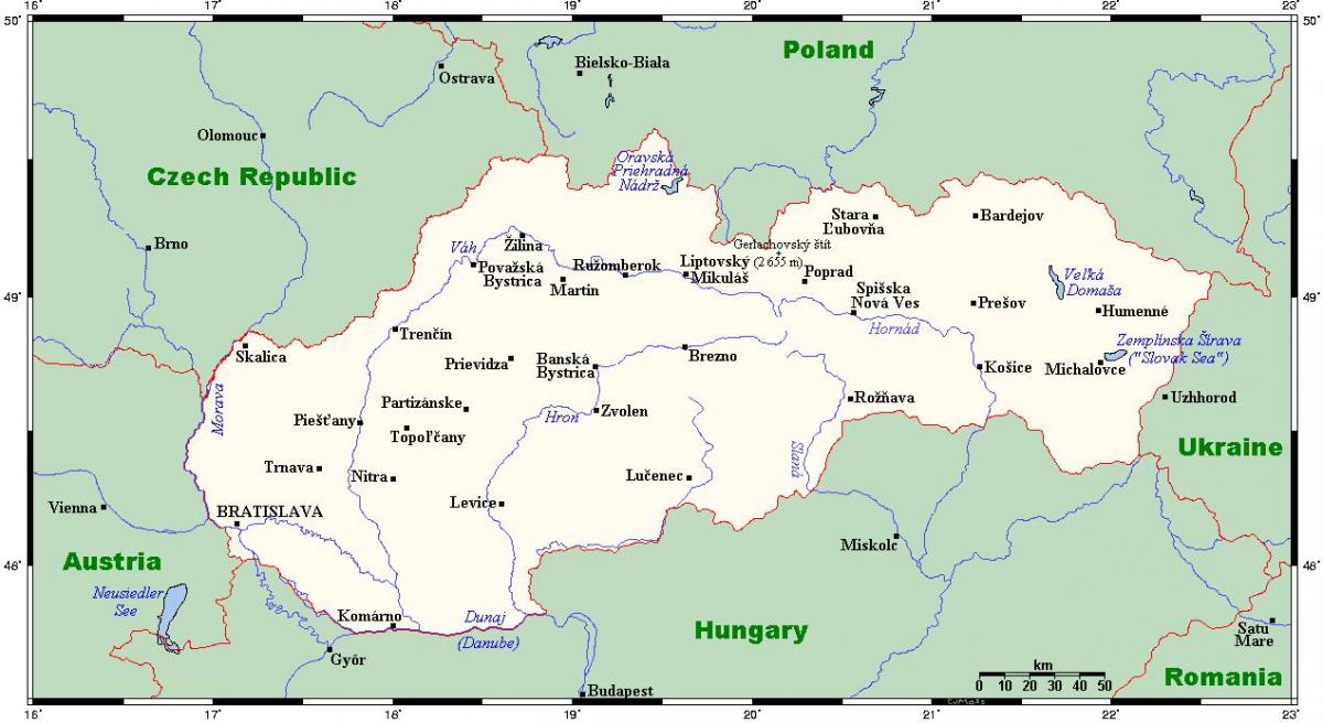 karta över Slovakien med städer